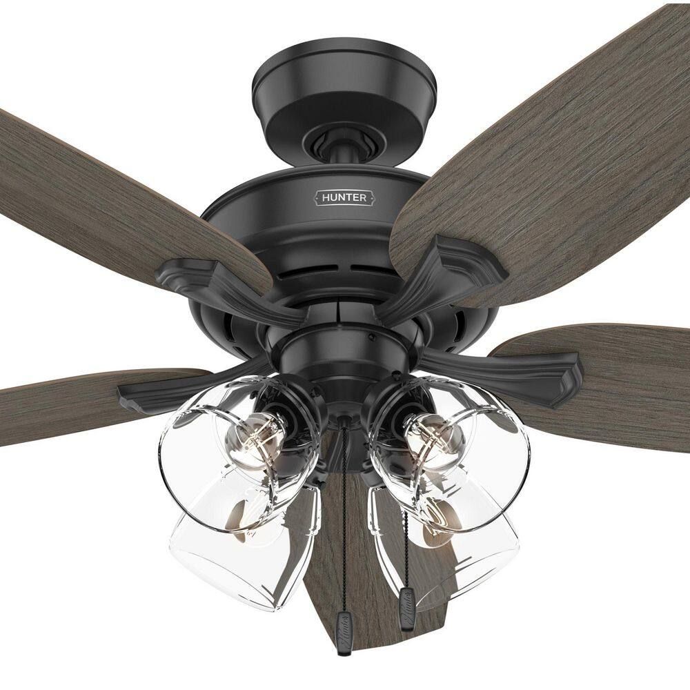 Hunter Fan 52 inch Traditional Matte Black Indoor Ceiling Fan with Light Kit and Pull Chain (Certified Refurbished)