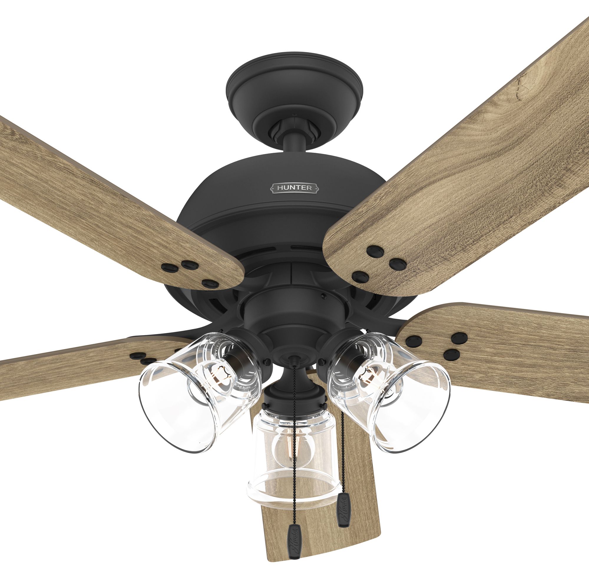 Hunter Fan 52 Inch Matte Black Indoor Ceiling Fan with Light and Pull Chain, contemporary ceiling fan for Bedroom, Living Room/Family Room, Dining Room, Kitchen, Office (Certified Refurbished) 
